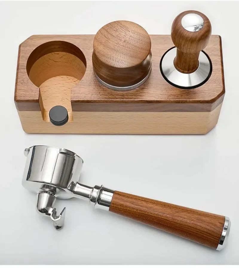 

51mm coffee machine with two ears, bottom, and double mouth solid wood handles, coffee utensil storage rack accessories