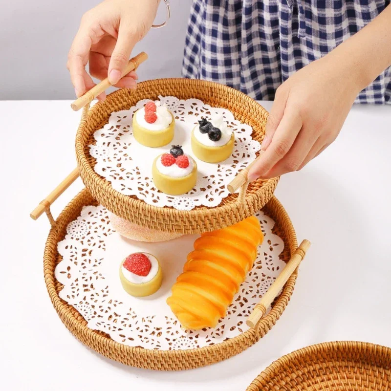 Rattan Woven Fruit Basket Japanese Bread Mantou Basket Living Room Home Storage Bamboo Tray Storage Baskets