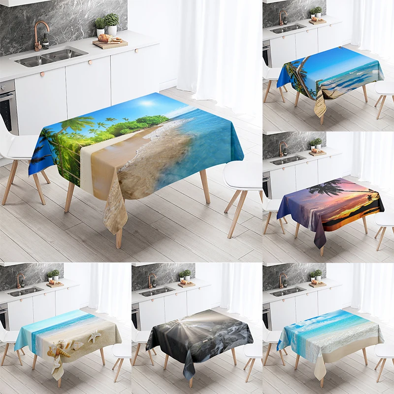 Beach Scenery Printed Tablecloth Outdoor Picnic Camping  Stain Resistant Waterproof Restaurant Table Home Decoration