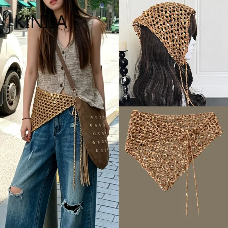 2-pecas-gorro-de-trico-vazado-com-lantejoulas-estilo-ins-design-de-lenco-triangular-feminino-para-verao-viagem-e-fotos-versatil-estilo-y2k-com-funcao-de-faixa-de-cabelo