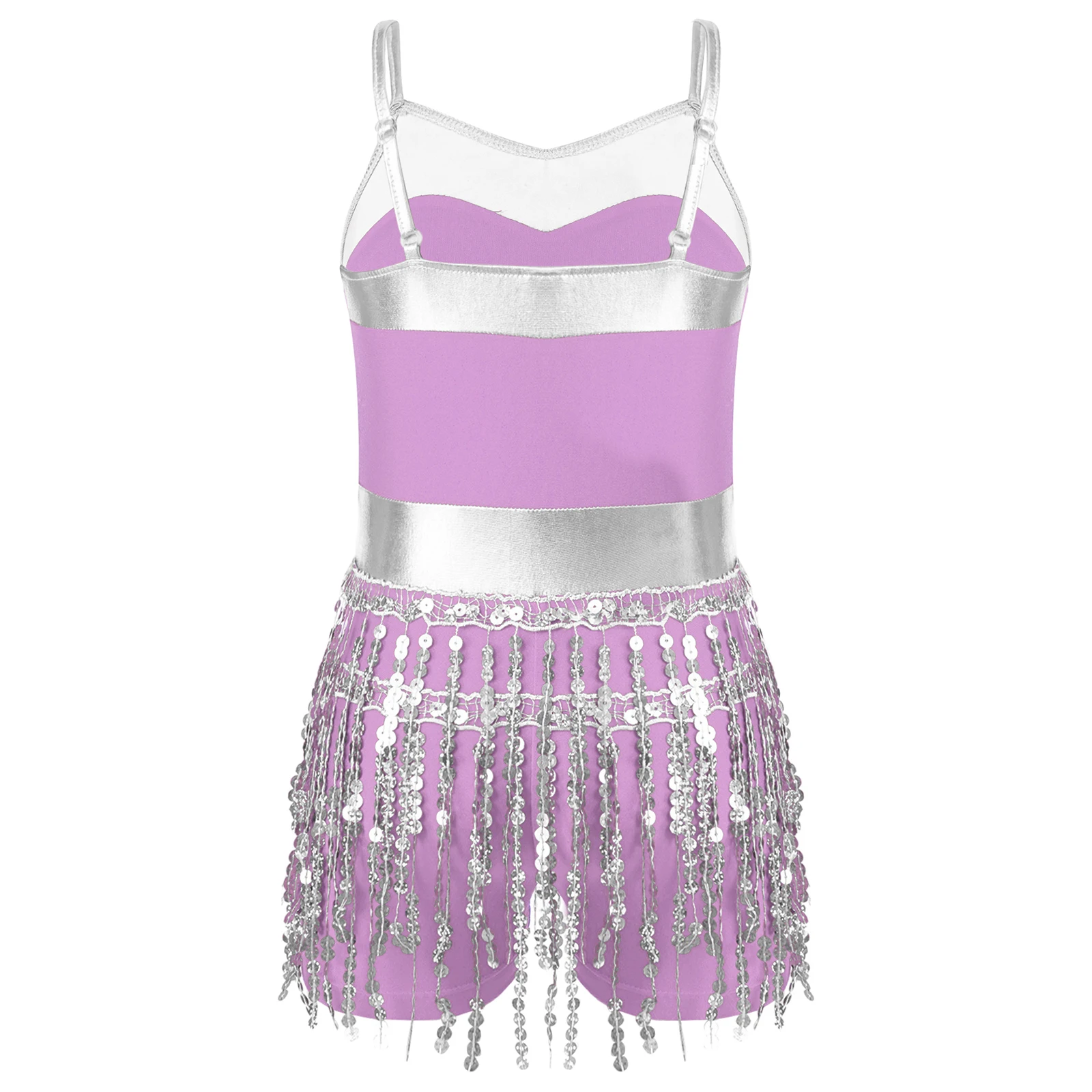 Girls Shiny Sequin Tassel Latin Jazz Dance Boyshorts Bodysuit Costume for Children Cha-cha Samba Stage Performance Fringe Dress