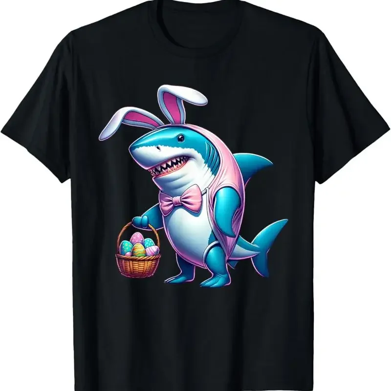 

Shark Easter Bunny T-Shirt Cute Kawaii Shark Holding Egg Basket Graphic Tee Men
