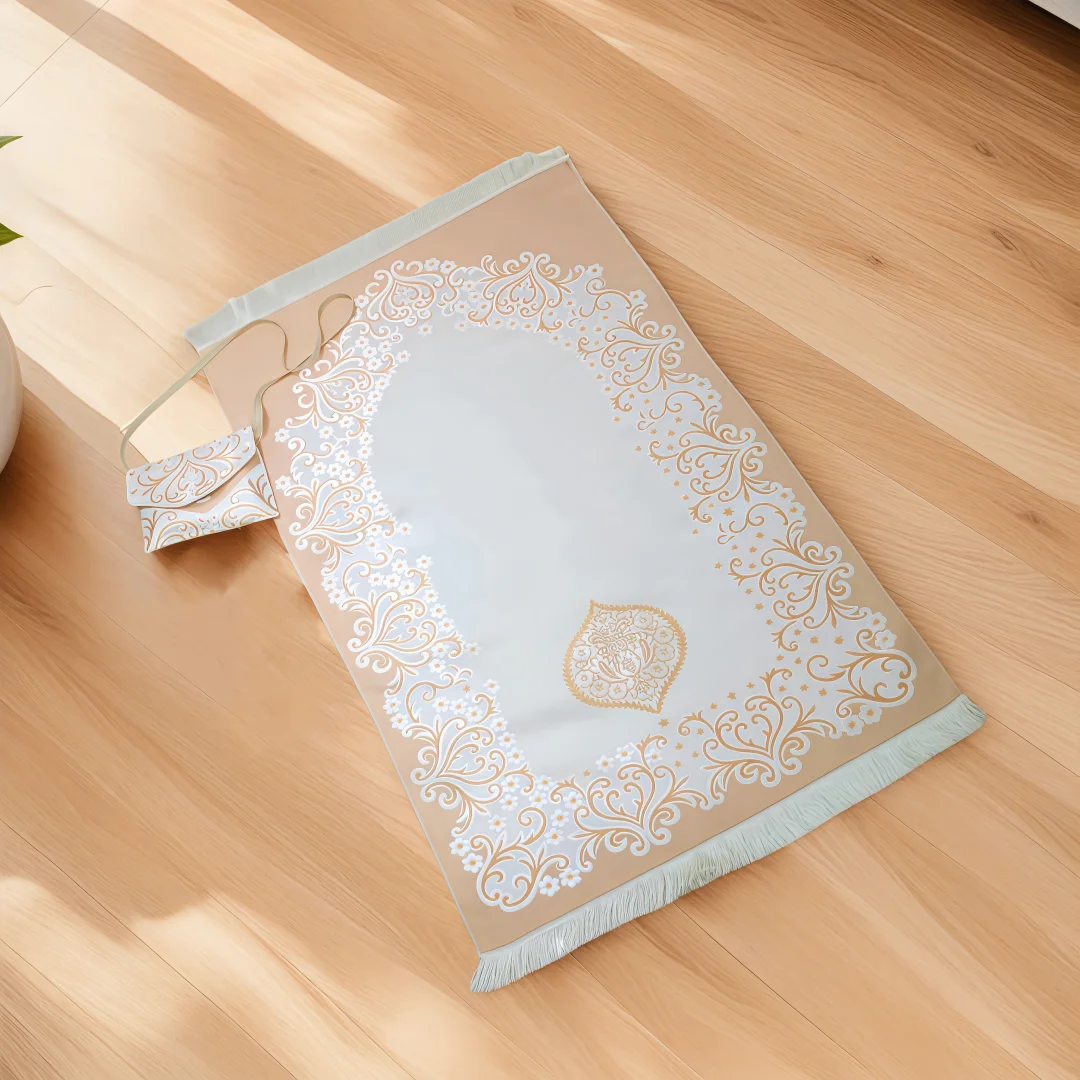 Portable Storage Muslim Prayer Gift Set: Imitation Silk Floral Print Shoulder Prayer Rug with Prayer Beads