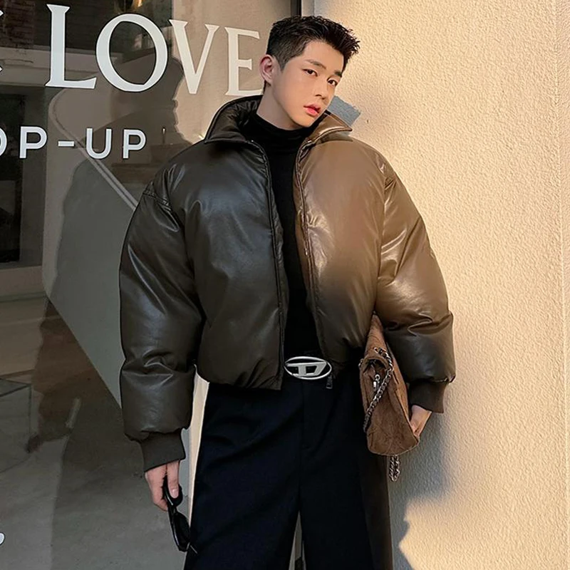 LUZHEN Ribbed Cuffs Design Padded Jackets Pu Leather Trendy Short Casual Warm Solid Color Versatile Male Winter Outerwear LZ7679