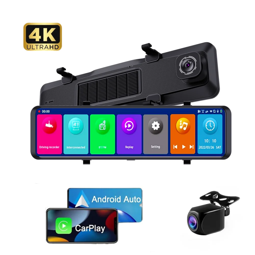

12 Inch Mirror Dash Cam 4K Dash Cam Wireless Android Auto Car Rearview Mirror Camera Recorder