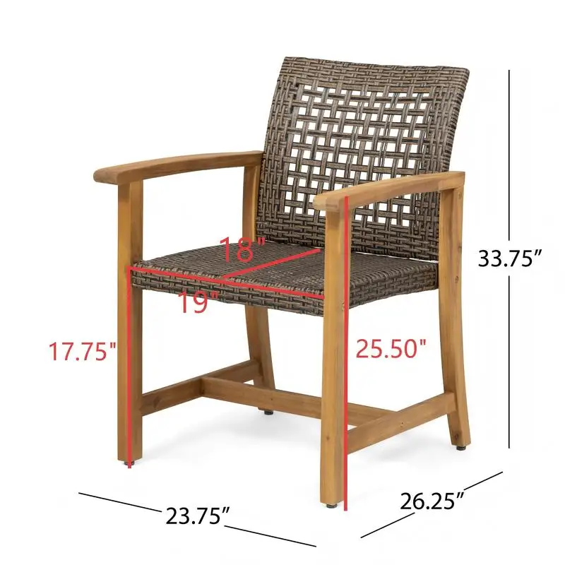 Conjunto de jantar de pátio de 7 peças com mesa de ripas de 72 polegadas e 6 cadeiras de madeira de acácia e vime PE para jantar de jardim ao ar livre