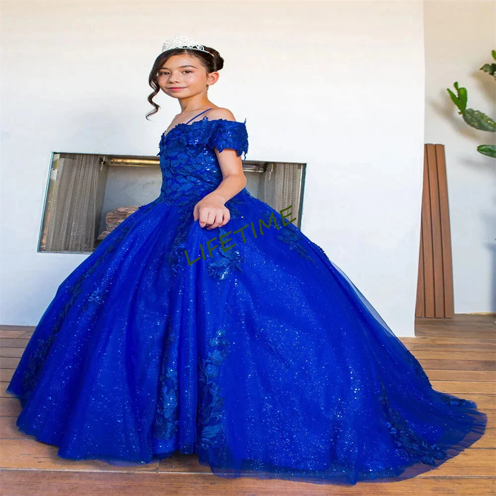 Royal Blue Flower Girl Dress with Spaghetti Band Lace Stickers Thin Gauze Princess Beauty Pageant Formal Event