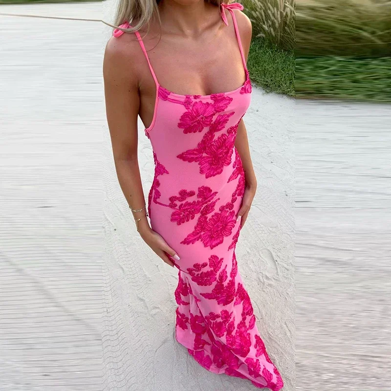 Summer New Suspender Bodycon Dress Sexy Low Cut Sleeveless Solid Wrap Hips Dress Elegant Lady Embroidery Printed Evening Dress