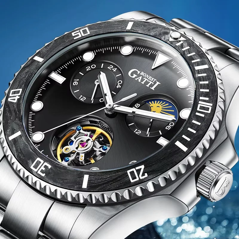 BONEST GATTI Men Automatic Watch 43mm Top Luxury Brand Mechanical Wristwatch 100M Waterproof Sapphire Luminous Tourbillon Watch