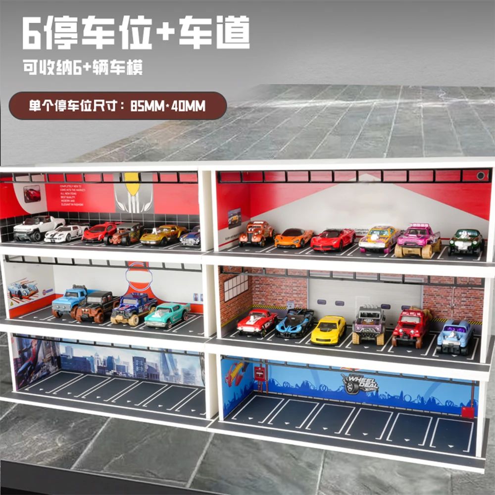 MDX 1/64 Schaal Auto Garage Diorama Miniaturen Modellen Sets LED Verlichting Dubbeldeks Model Auto Garage Collectie Display Geschenken