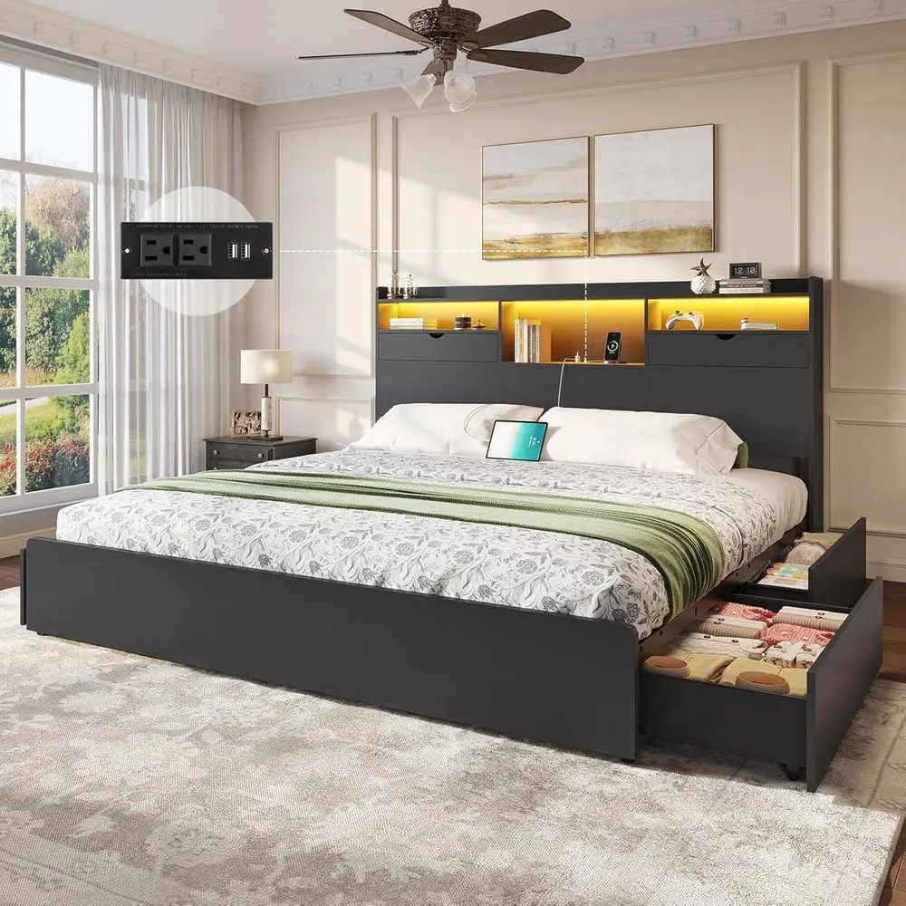 

California King Bed with Bookcase Headboard, 4 Storage Drawers, LED Lights, Charging Station, Metal Slat Support, No Box Spring