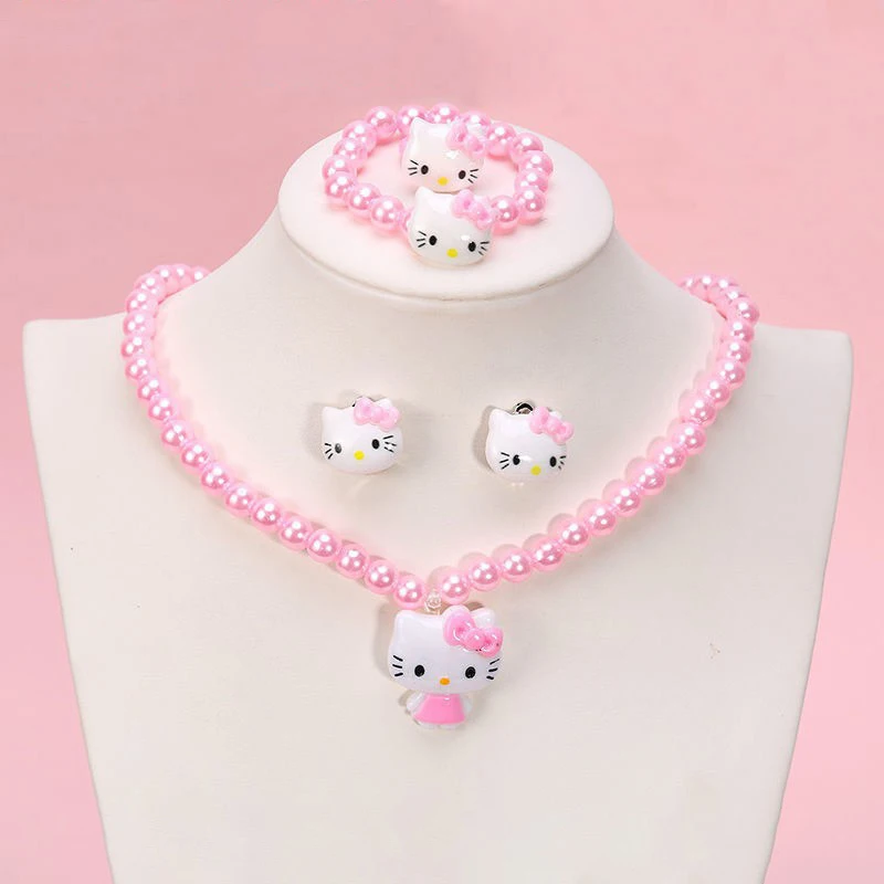 4pcs/set Cartoon Hello Kitty Necklace Hairclips Ring Set Toy Kawaii Sanrio Kids Hairpins Girl Heart Accessories Birthday Gifts