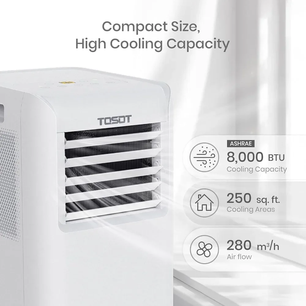 8,000 BTU Air Conditioner Easier to Install, Quiet and 3-in-1 Portable AC, Dehumidifier, Fan for Rooms Up to 250 sq ft, White