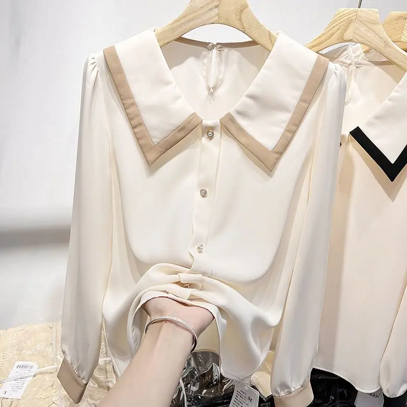 Sweet Peter Pan Collar Button Solid Color Chiffon Shirts Female Clothing 2024 Autumn New Loose Chic Tops All-match Blouses