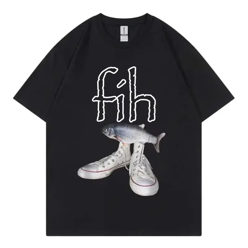 Funny New Style Hot Sale Fih Shoes Graphic T Shirts Misspelled Fish Meme T-shirts Men Women Casual Fashion Loose T-shirt Unisex