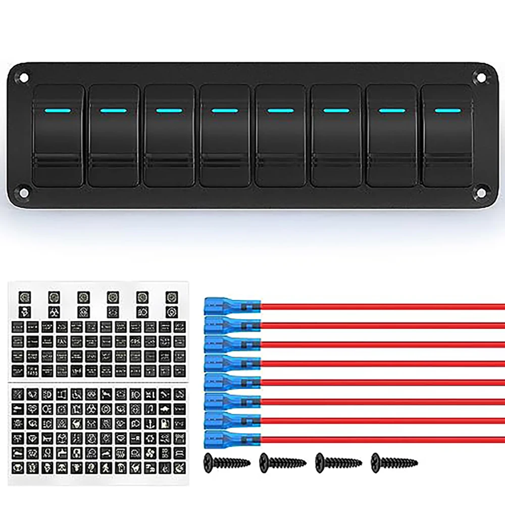 DaierTek 8 Gang Rocker Switch Panel 12V Blue LED Bar Switch Panel 12V Rocker Toggle Switch 3 Pin ON/Off with Pre-Wired for Car