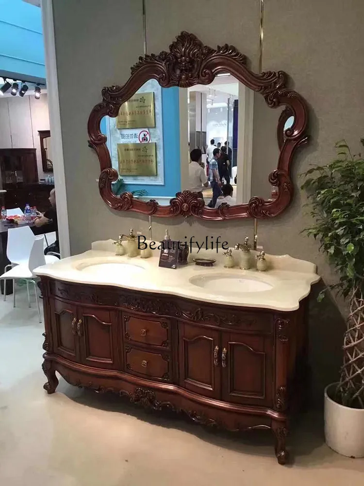 European Oak Bathroom Cabinet American Solid Wood Bathroom Table Marble Hand Washing Bathroom Cabinet