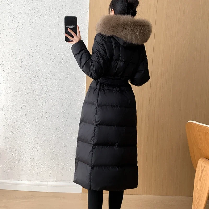 New Winter Women Large Real Fox Fur Collar Hooded Down Jacket Long Luxury High Waist Puffer Coat Thick Warm Windproof Snow Parka