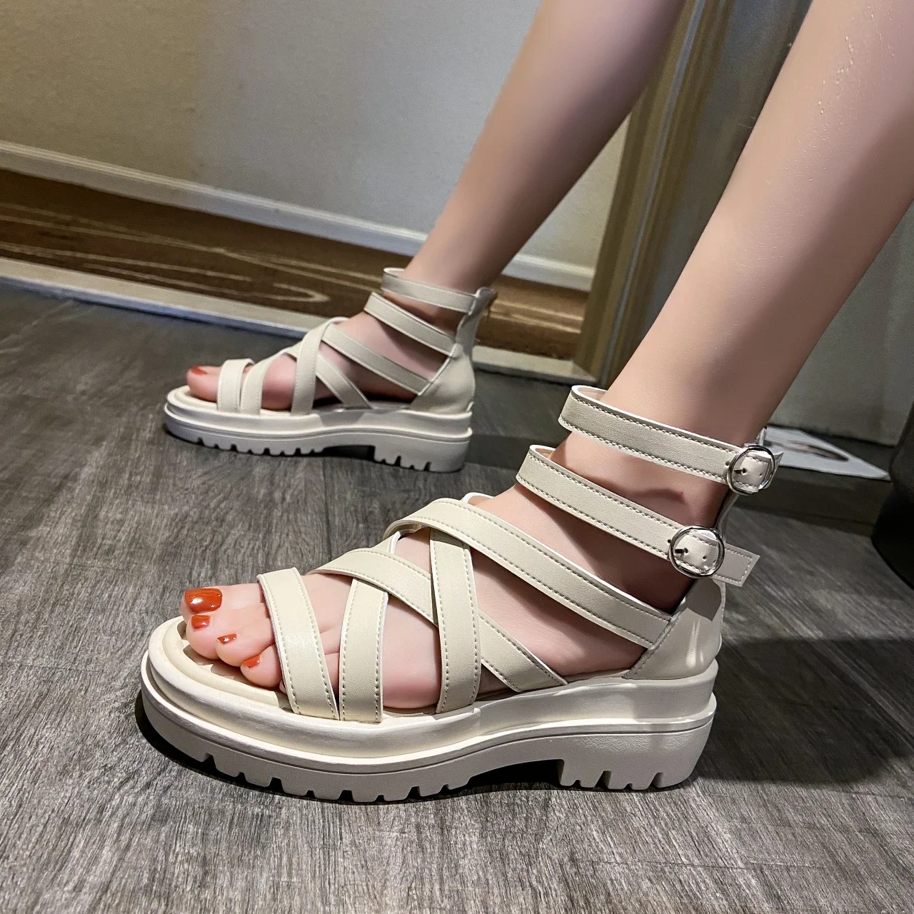 Roman Women Sandals Flat Platform Cross Strappy Wedges Heel Summer Gothic Punk Shoes For Woman Casual Comfy Street Roman Sandals