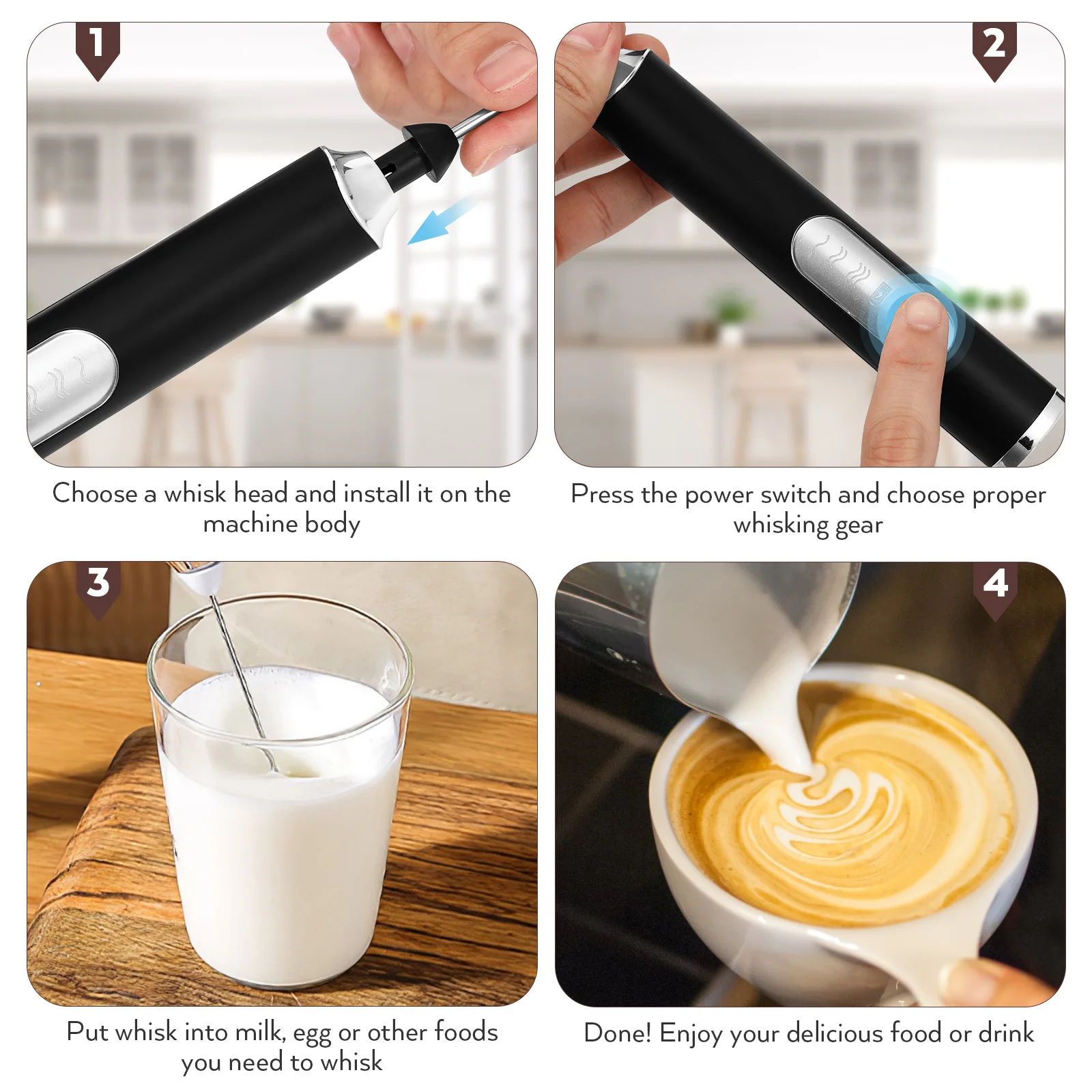 

Electric Milk Frother Handheld Rechargeable 3-Speed Egg Beater Foam Maker Coffee Cream Mixer USB Charging Low Noise