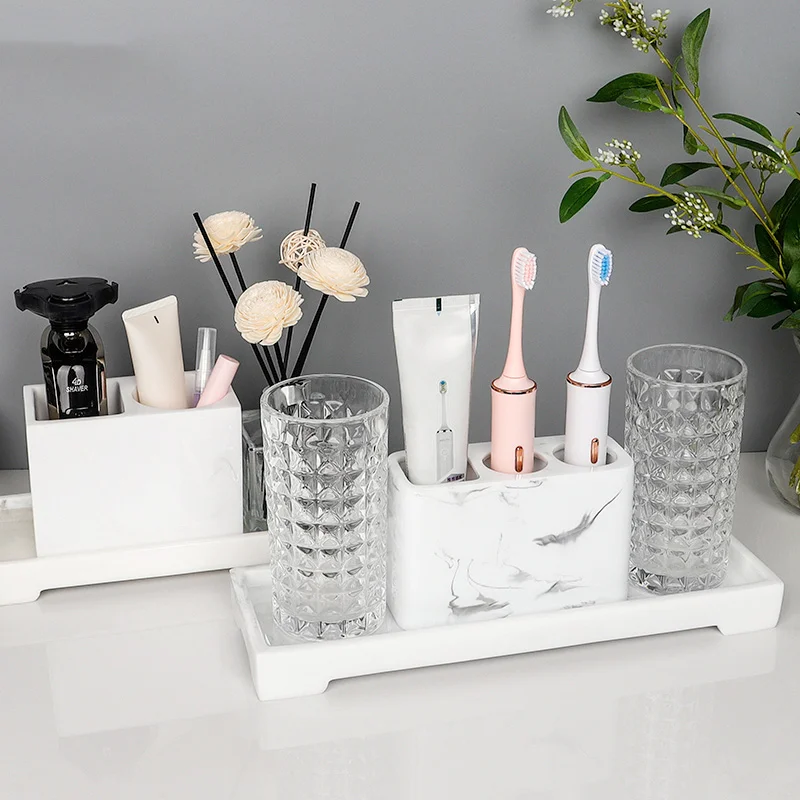 luxurious white ink Resin Bathroom Decoration Accessories upscale Five Piece toothbrush holder Shower storage tray