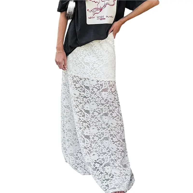 

Женская кружевная юбка миди с вырезами и прозрачными вставками, с высокой талией, жаккардовая, А-силуэт, юбка-карандаш, элегантная и стильная