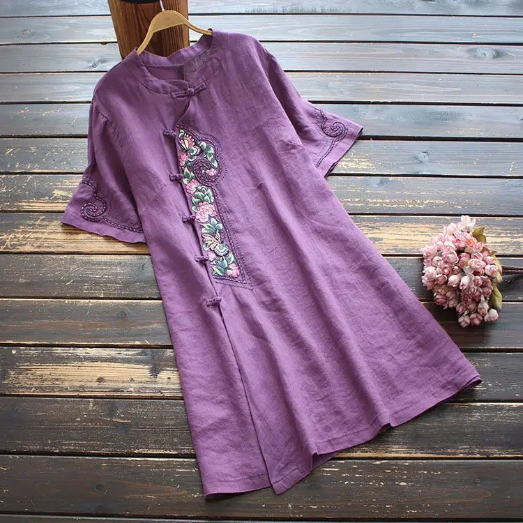 2024 New Traditional Chinese Clothing for Women Cheongsam Top Hanfu Summer Short Sleeve Floral Embroidered Shirt Tops