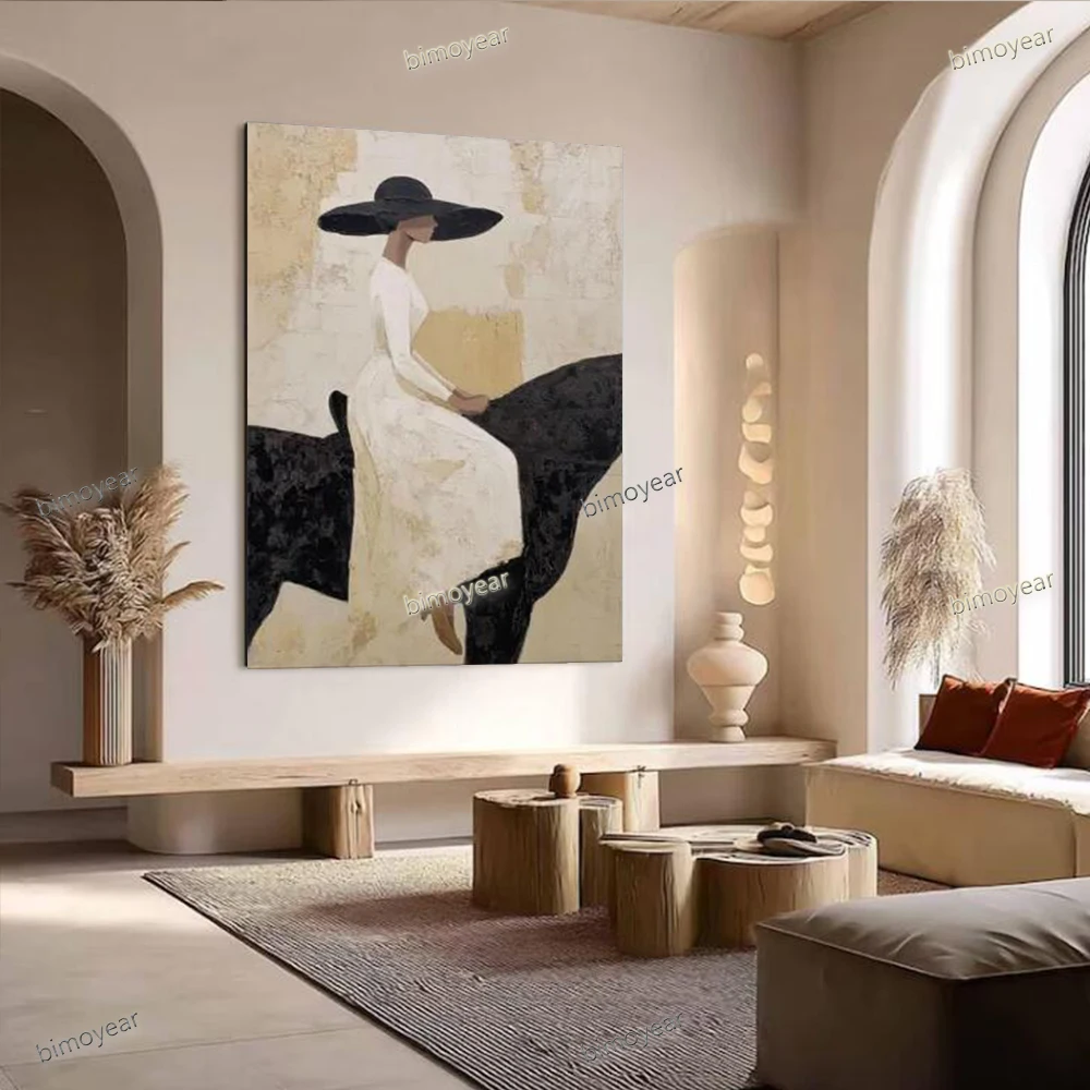 100% Handmade Abstract Oil Painting on Canvas Nordic Equestrian Ladies Wall Art Picture for Home Living Room Decor Image Mural