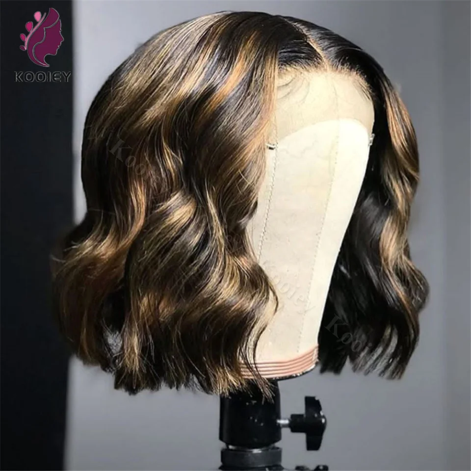 

Short Bob Wave Human Hair Lace Front Wigs Brown Blonde Highlights 13x4 Lace Frontal Wigs Remy Hair Wavy 150% 5x5 Silk Top Wigs