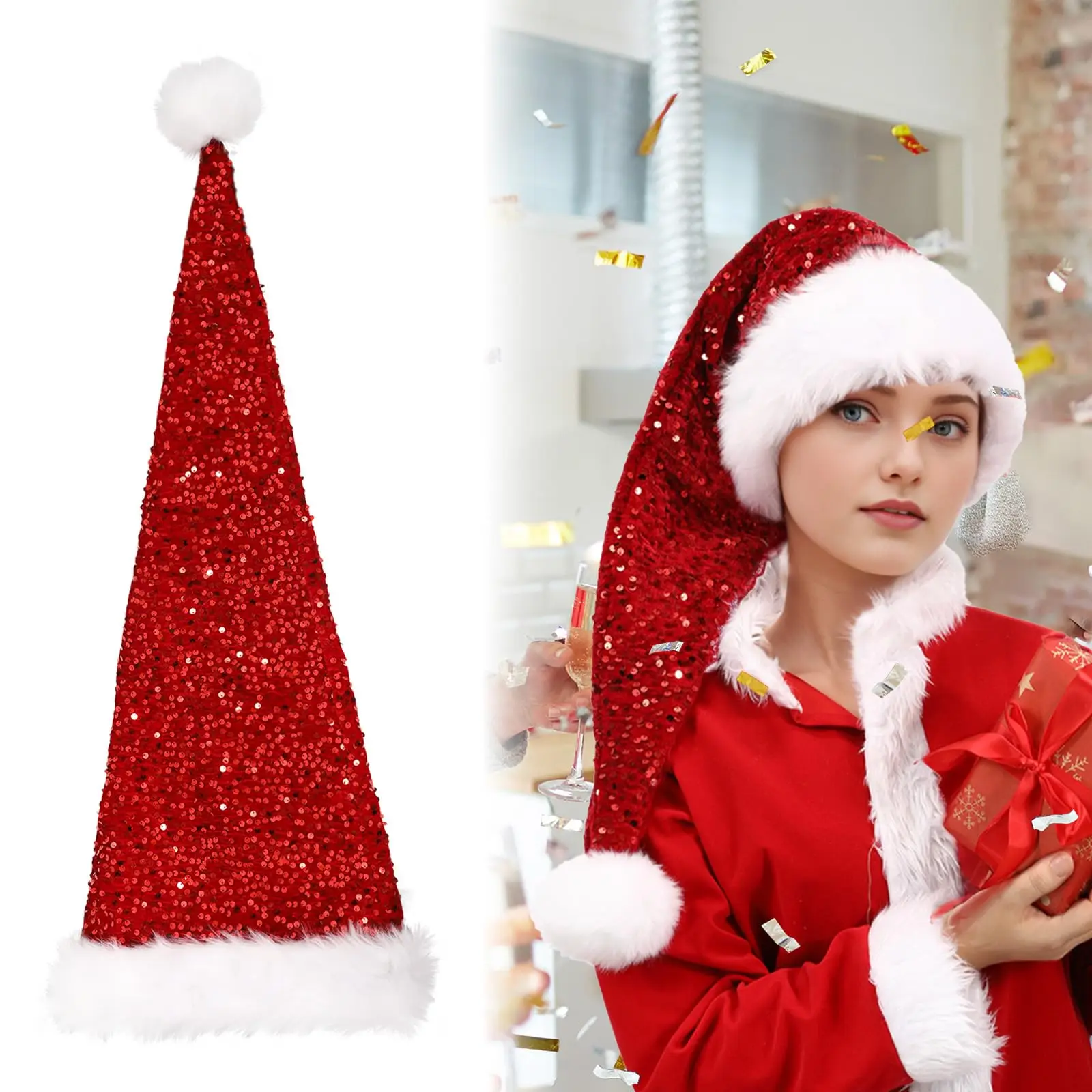 Lange Weihnachtsmannmütze mit Handschuhen, extra Pailletten, Weihnachtsmannmütze mit langem Schwanz für Erwachsene und Frauen, ausgefallene Weihnachtsparty-Requisiten