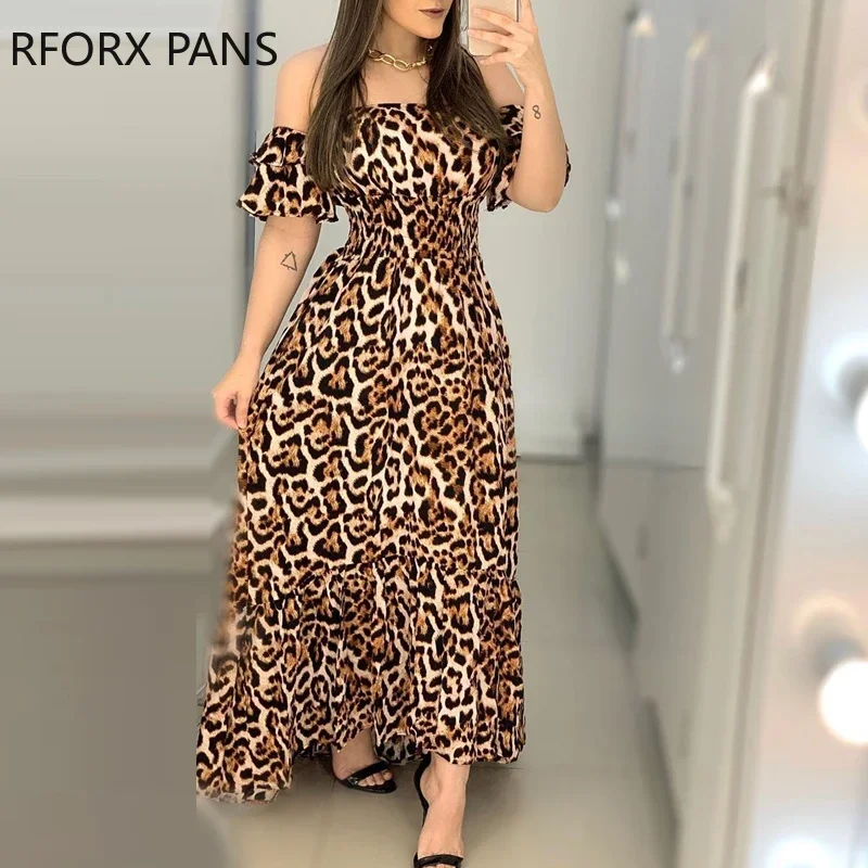 Women Off Shoulder Cheetah Print Shirring Design Ruffles Maxi Dress  Elegant  Sexy Party Dress