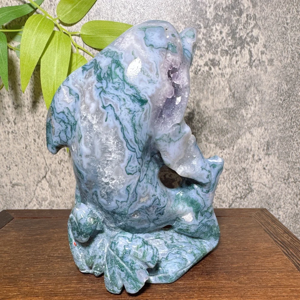 Natural Moss Agate Dolphin Carving Home Office Decorative Accessory Unique Beautiful Design Ideal Gift