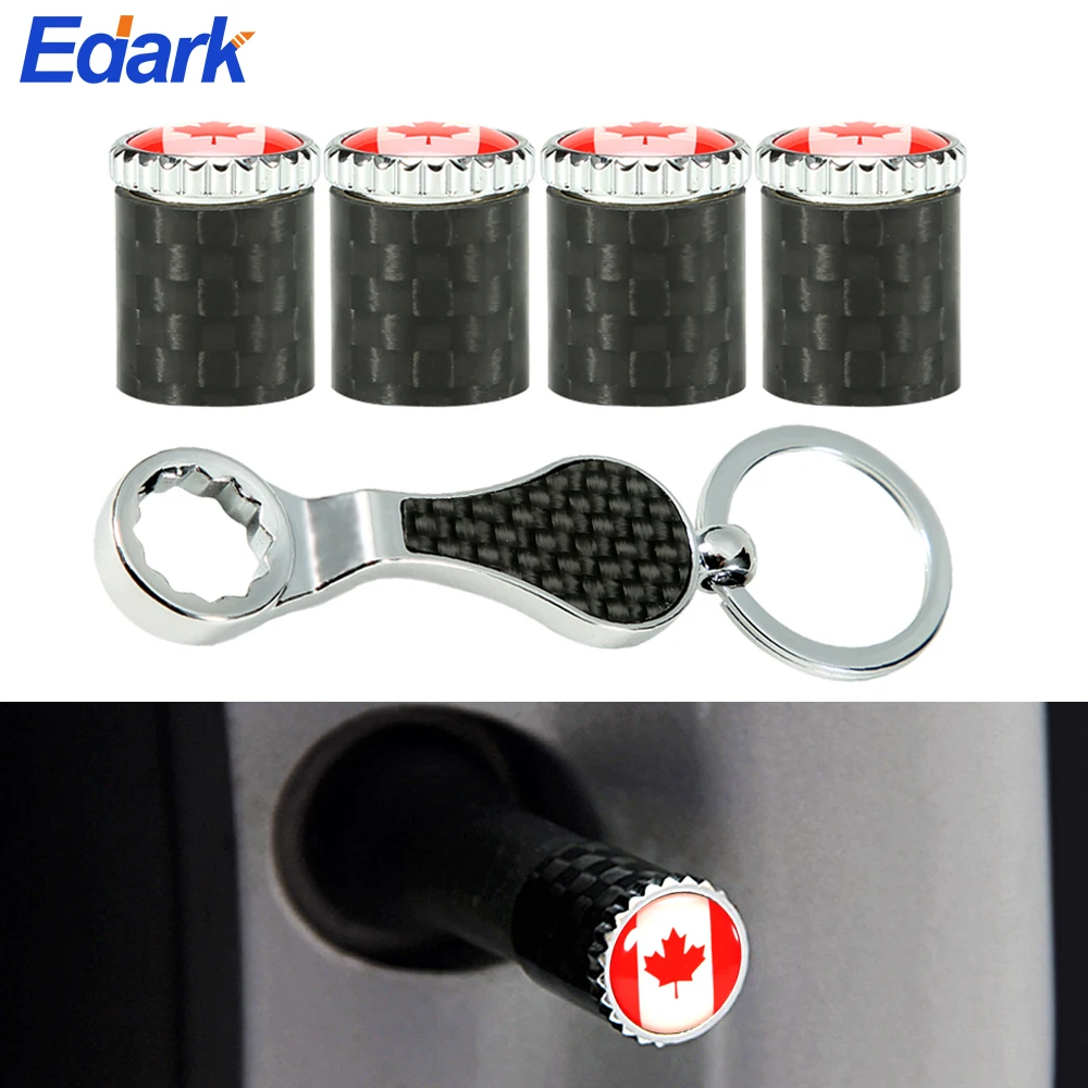 5Pcs/Set Car Wheels Tires Valves Carbon Fiber Canada National Flag Emblem Dust Dustproof Auto Truck Bike ATV Rims Valve Covers