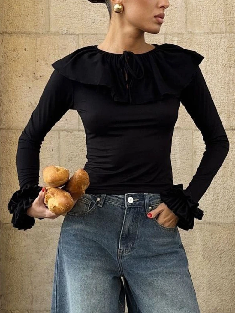 Women’s Hollow Out Round-Neck Flounce Crop Top - Y2K Style