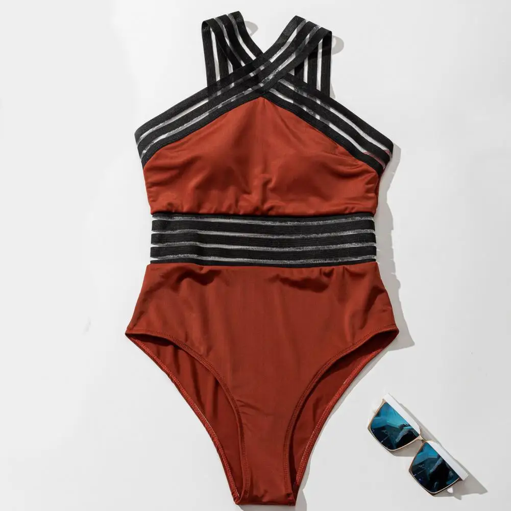 One-piece Women Swimsuit Crossover Halter Hollow Mesh Splicing Monokini Swimsuit with High Waist Halter Neck High Waist Swimwear