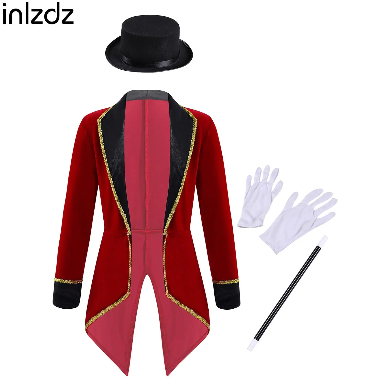 

Girls Ringmaster Magician Costume Circus Costume Set Tailcoat for Halloween Dress Up Cosplay with Hat Gloves And Magic Wand