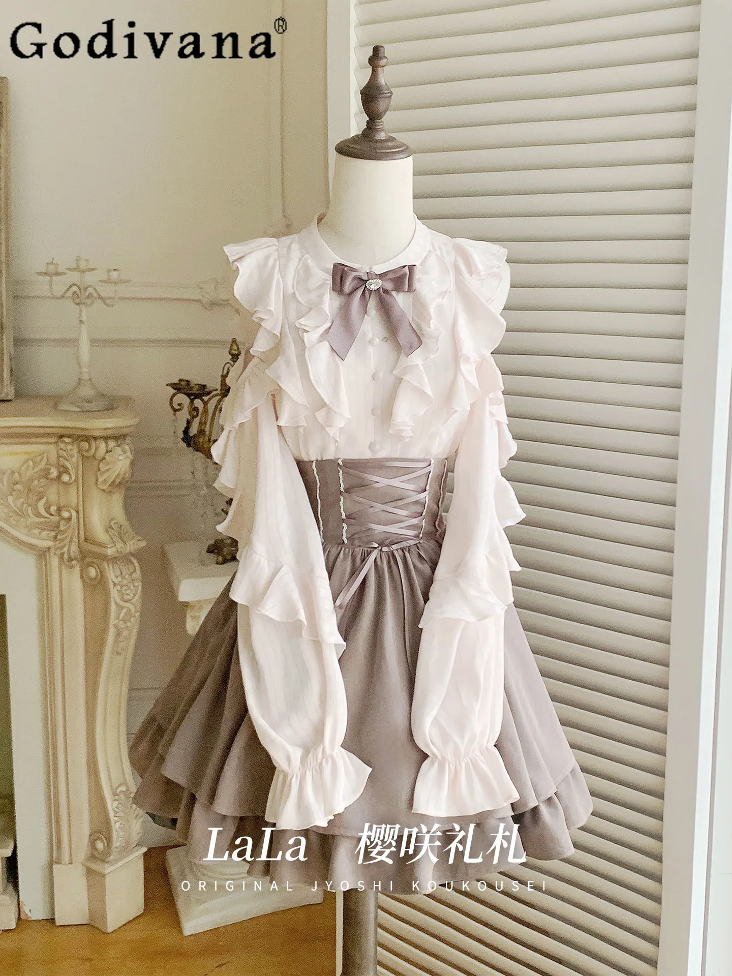 

Original Design Japanese Lolita Long Sleeve Shirt+ Skirt 2-Piece Set Autumn New Girl's Sweet Elegant Style Shirt and Skirt Set