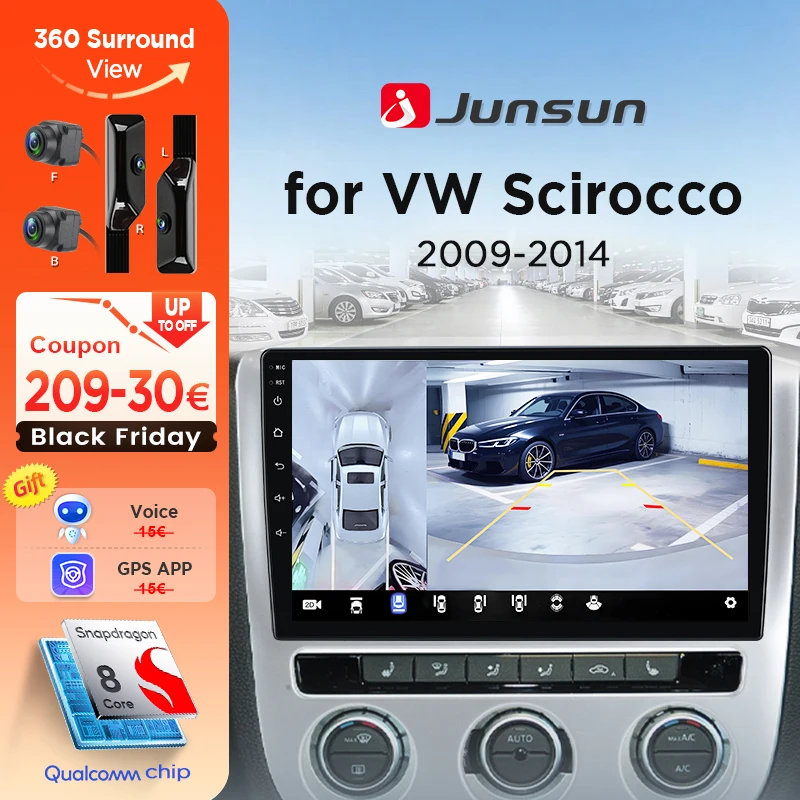 Junsun 360 ° Telecamera panoramica Autoradio Per VW VOLKSWAGEN SCIROCCO 2009-2014 Senza Fili CarPlay Schermo Android Auto Stereo GPS Navi