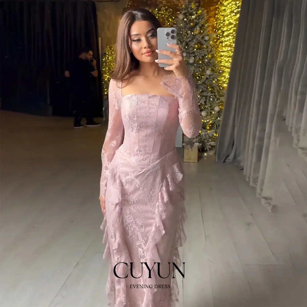 

CUYUN Customized Elegant Pink Evening Dresses 2026 Sheath Long Sleeve Lace Square Collar Simple Women Wedding Prom Party Gown