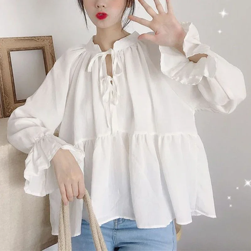 Spring New Long Sleeve White Blouse Solid Color Lacing Loose All-match Pleated Shirt Tops Preppy Style Fashion Women Clothing