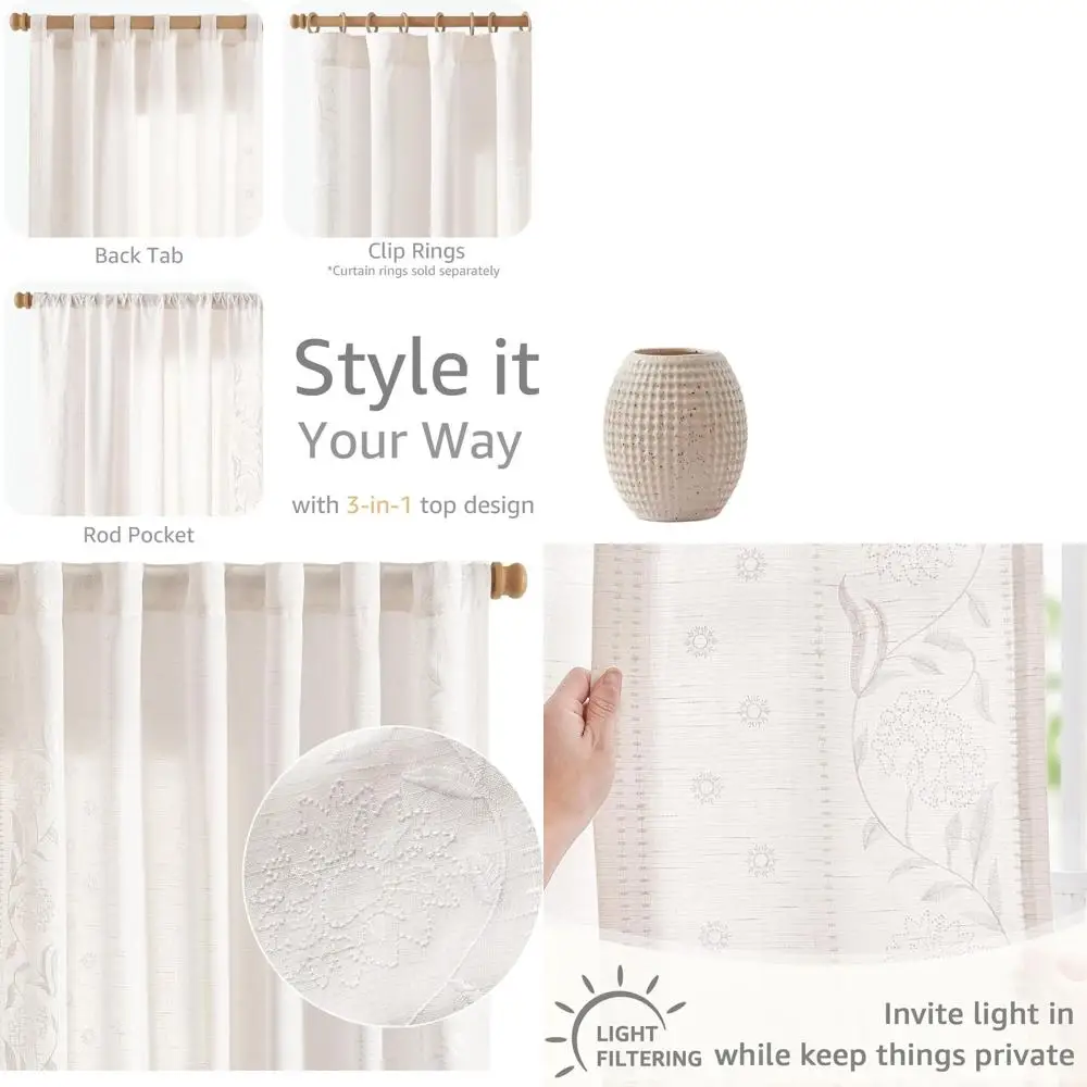 

Элегантные белые льняные шторы с вышитой цветочной каймой, длина 84 дюйма, светопропускающие, для спальни и гостиной, в стиле фермерского дома, размер S