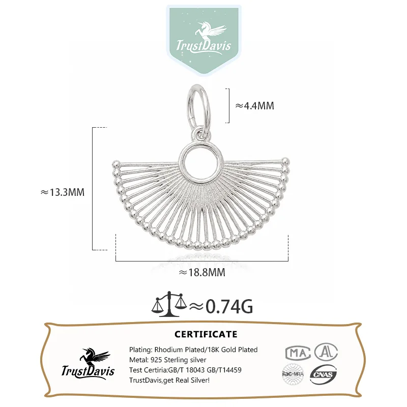 TrustDavis 925 Sterling Silver Classic Retro Pendant Hollow Sector Small Gift for DIY Bracelet Necklace Jewelry Making DZ1938