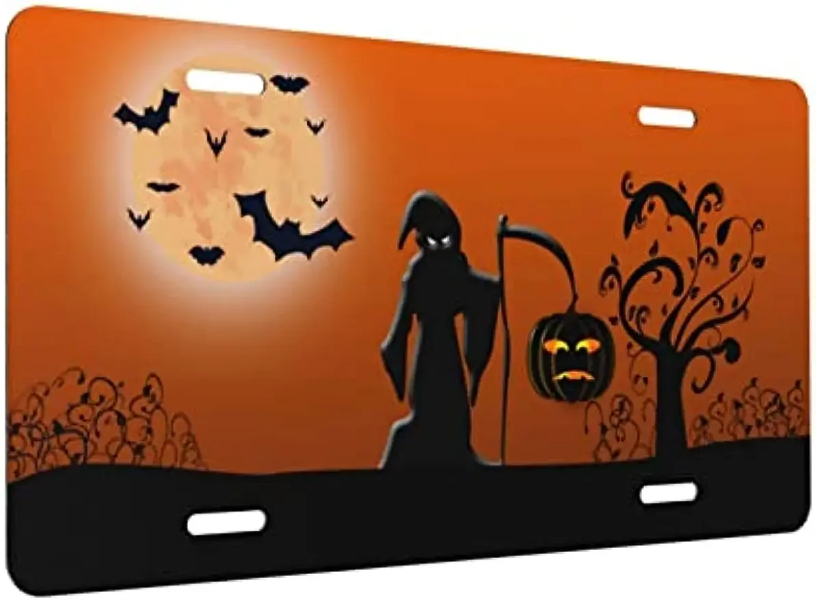 Halloween Grim Reaper Metal Automotive License Plate Aluminum Car Decorative Auto Frame Plate for US Vehicle Standard 6x12 in