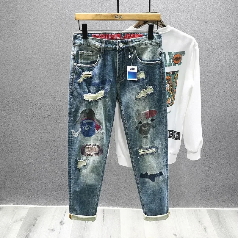 

Embroidery Distressed Fashion Men Ripped Jeans -hop Stretch Korean Motorcycle Print Pants Slim Male Hole Male Denim Trousers