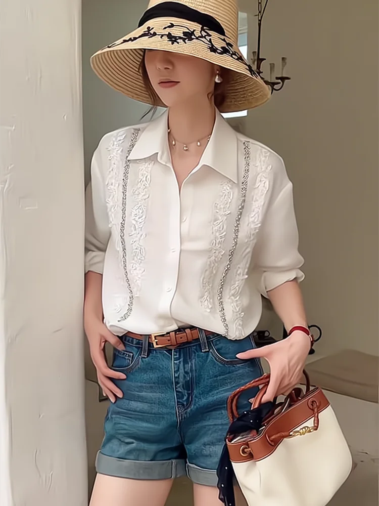 

Ele Embroidered Long Sve Women's irt Casual Versatile Autumn Faion Trendy Button-Up Top for All Body pes