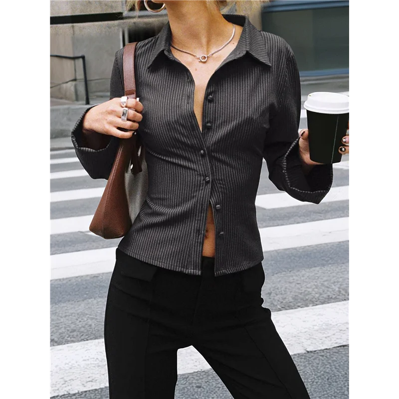 جديد-قمصان نسائية بأزرار سفلية مخططة بأكمام طويلة وياقة بلوزات عمل غير رسمية ملابس علوية عصرية