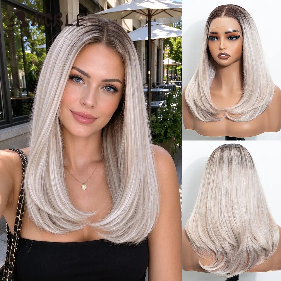NOBLE 20Inch 13x6 Lace Front Synthetic Wig Ash Grey Blonde Highlight Layered Straight Wig Heat Resistant Lace Wigs For Women