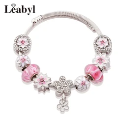 Romantic Colorful Cherry Flower Charm Pendant Steel Bracelet for Women DIY Plant Bead Bracelet Resizble Jewelry Gift for Girl