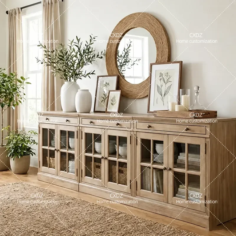 Solid Wood TV Cabinet for Living Room Small Apartment Floor Storage Unit Bedroom Locker Vintage Decorative Console Table