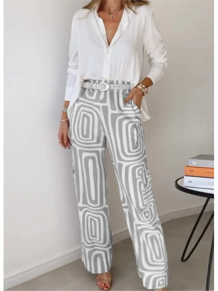 Elegant Office Lady Pants Sets Women Fashion Print Two-piece Set Casual Long Sleeve White Shirt Wide-leg Pants Suit Female